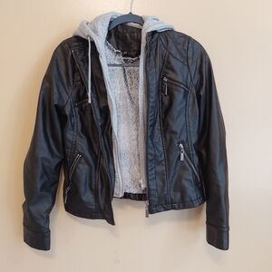 J2 By Jou Jou Black Faux Leather Jacket with Gray Hoodie XS